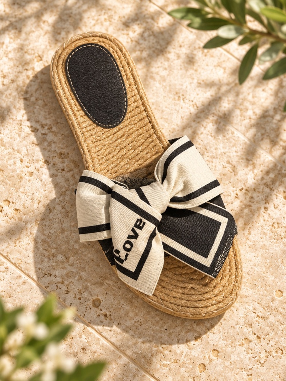 NWT Black & White "Love" Bow Espadrille Slide Sandals - Size 40 (US 9)